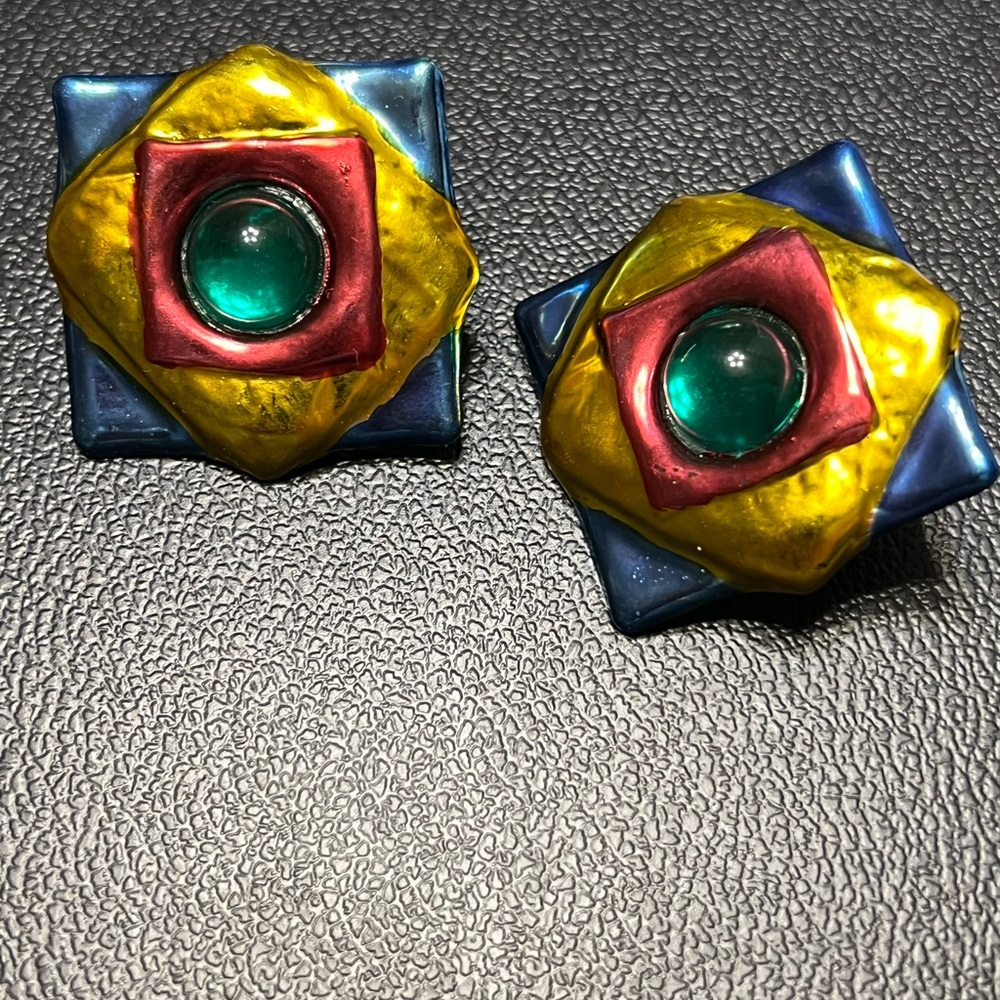 Vintage Raffine Colorful Geometric Statement Post Earrings - Multicolor